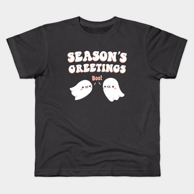 Cute Season's Greetings Funny Ghosts Go Boo Kids T-Shirt by rustydoodle